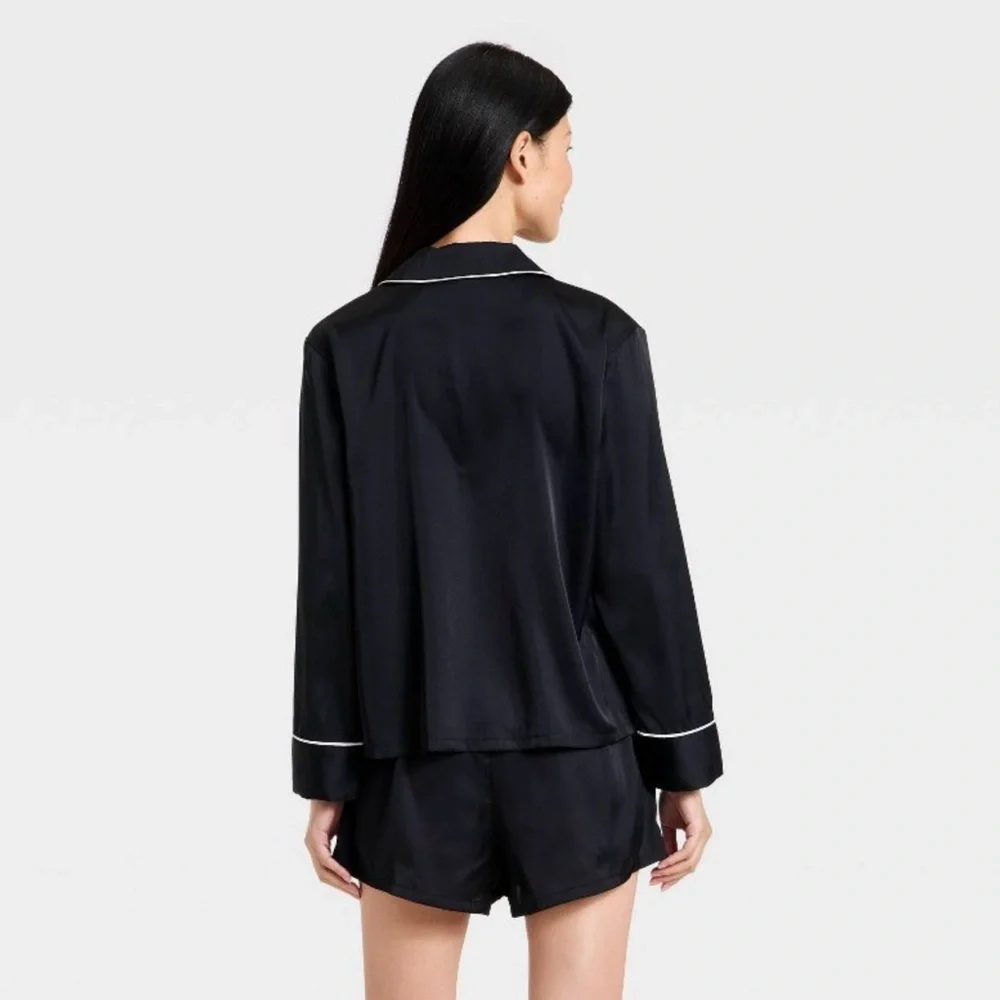 Auden Women's Luxury Collection Satin Notch Collar Long Sleeve Shirt and Shorts
